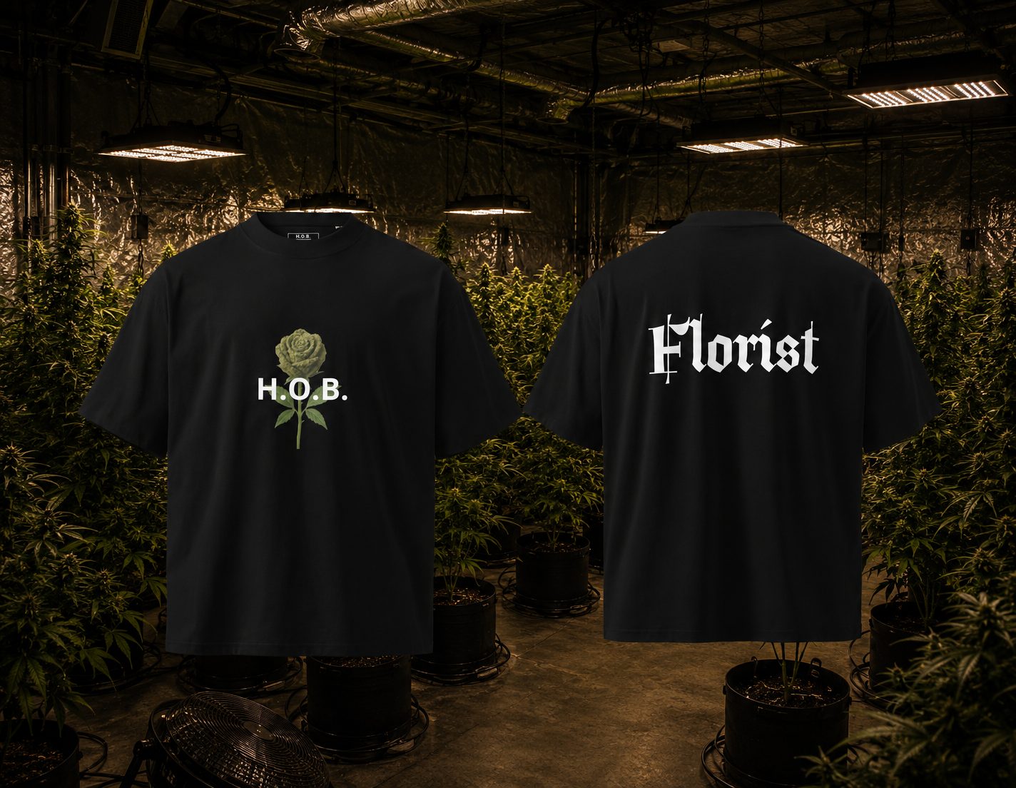 H.O.B Florist tee in black — rose graphic front and blackletter back print
