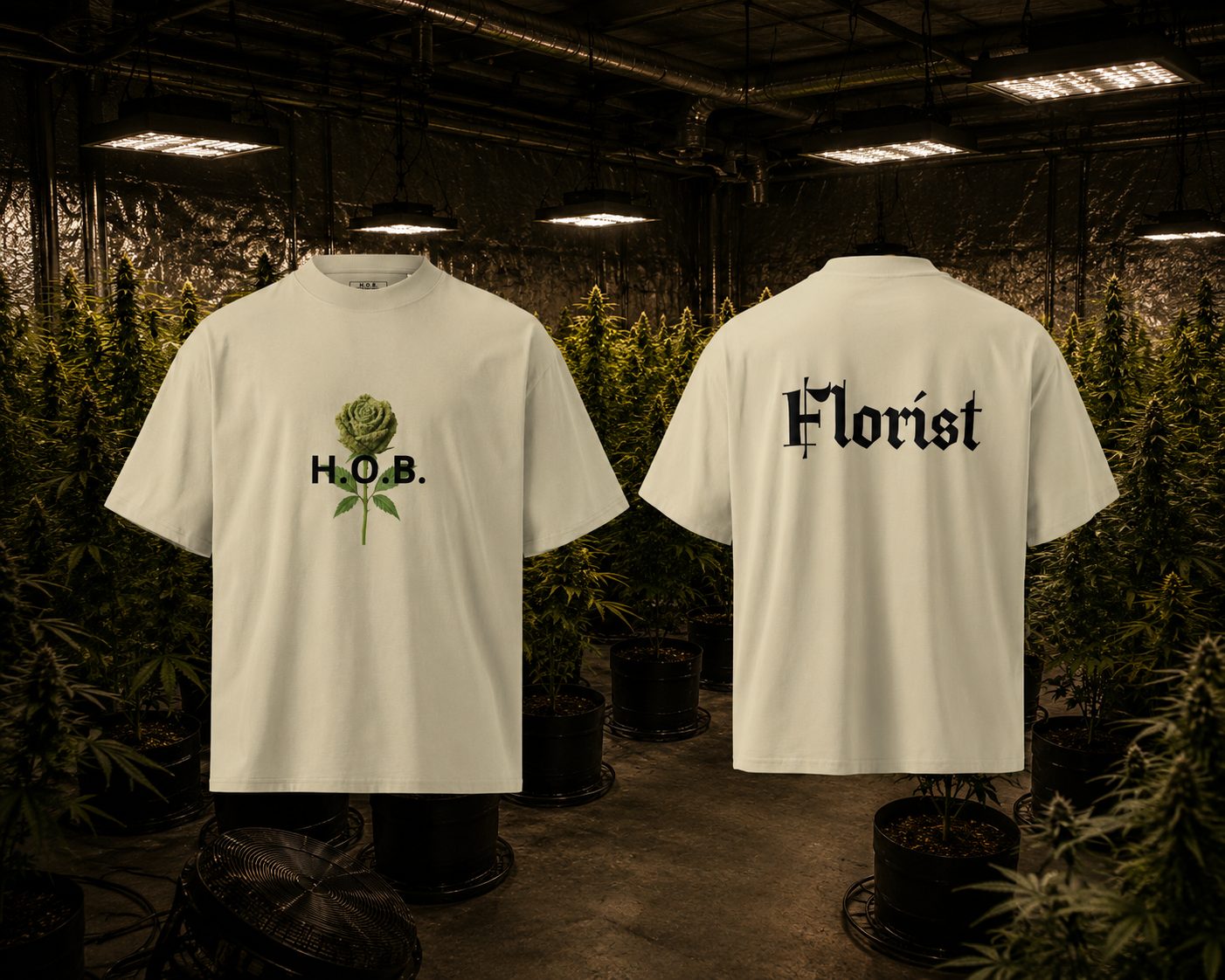 H.O.B Florist tee in bone — front and back mockup