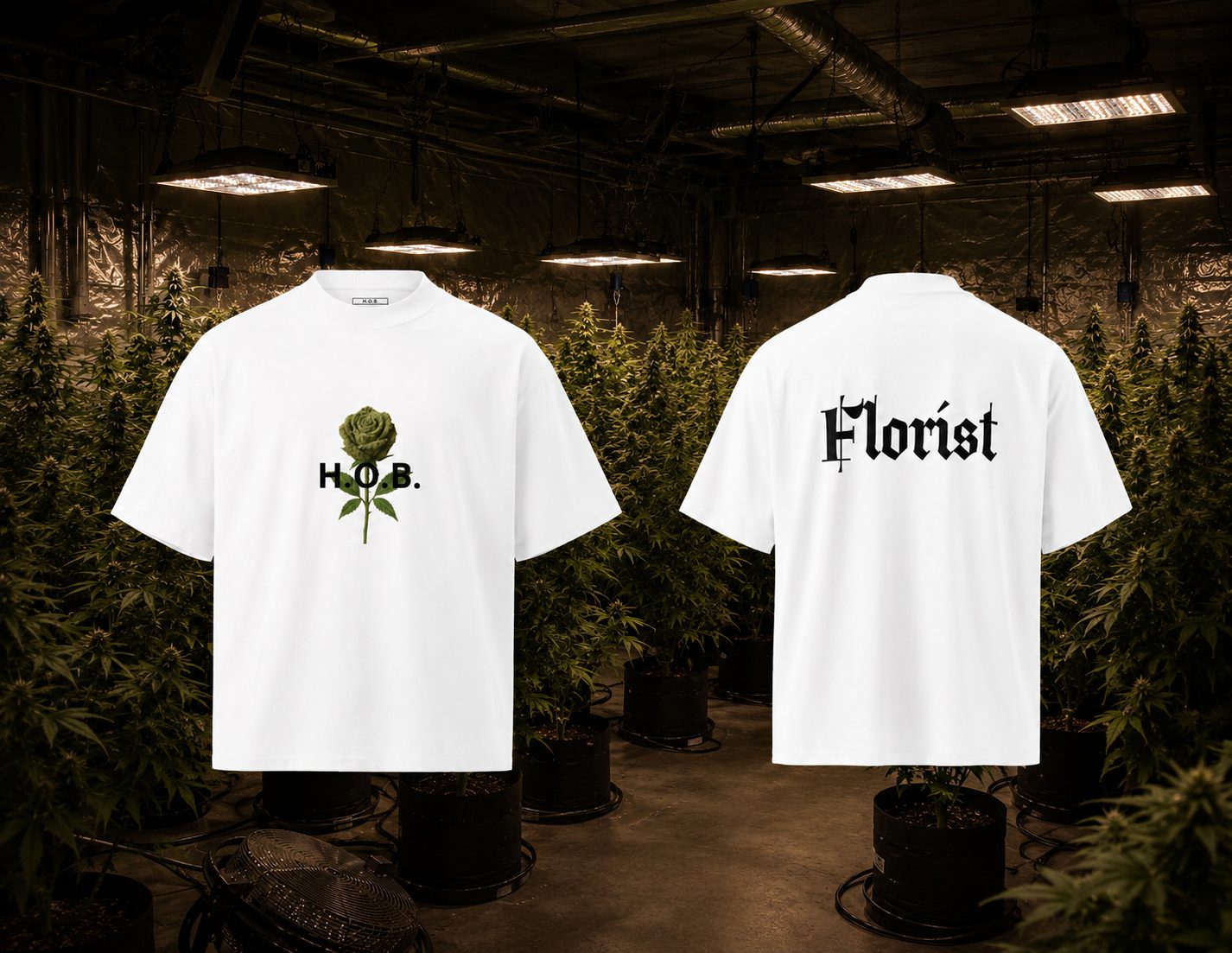 H.O.B Florist tee in white — front and back mockup