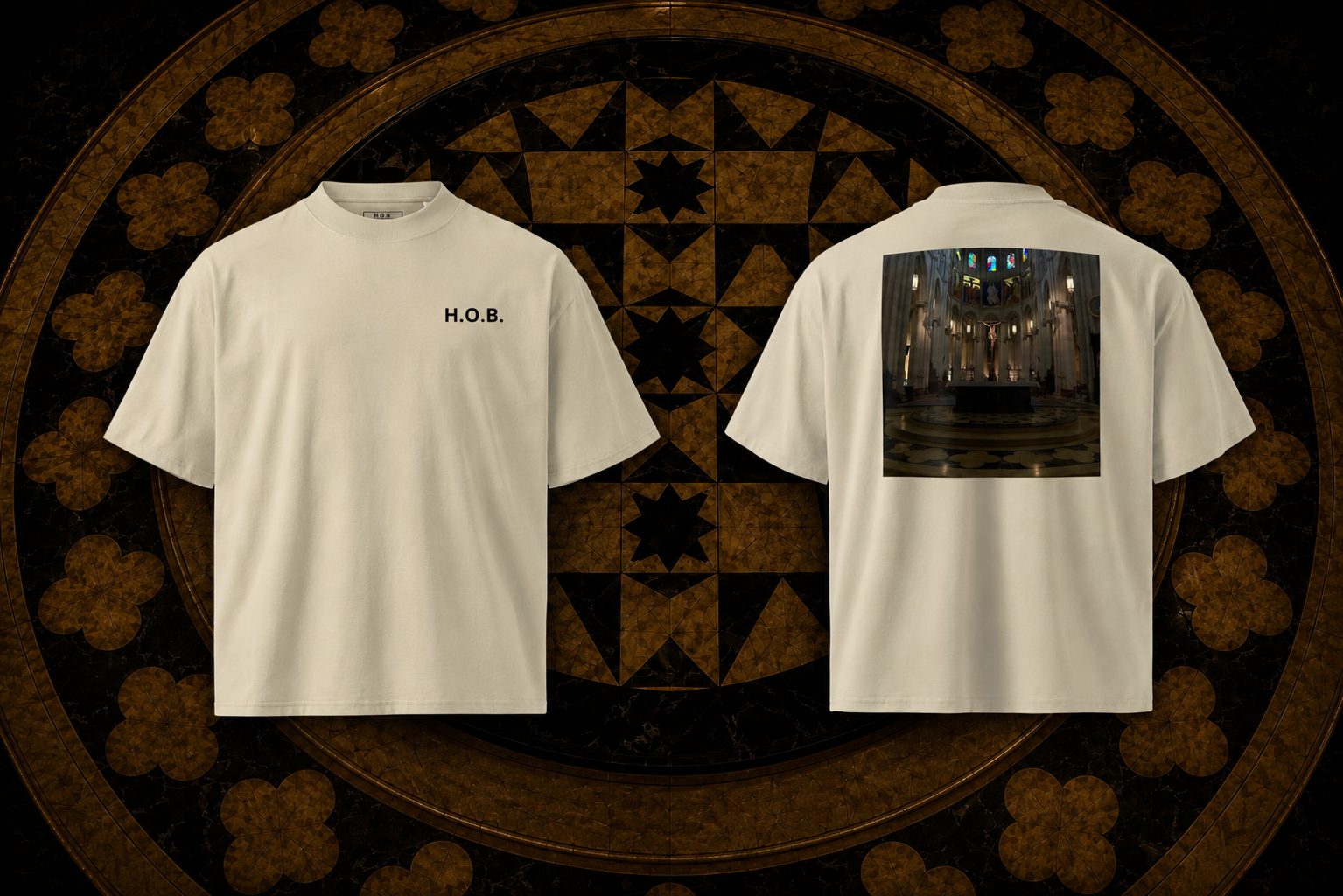 H.O.B Madrid tee in bone — front and back mockup