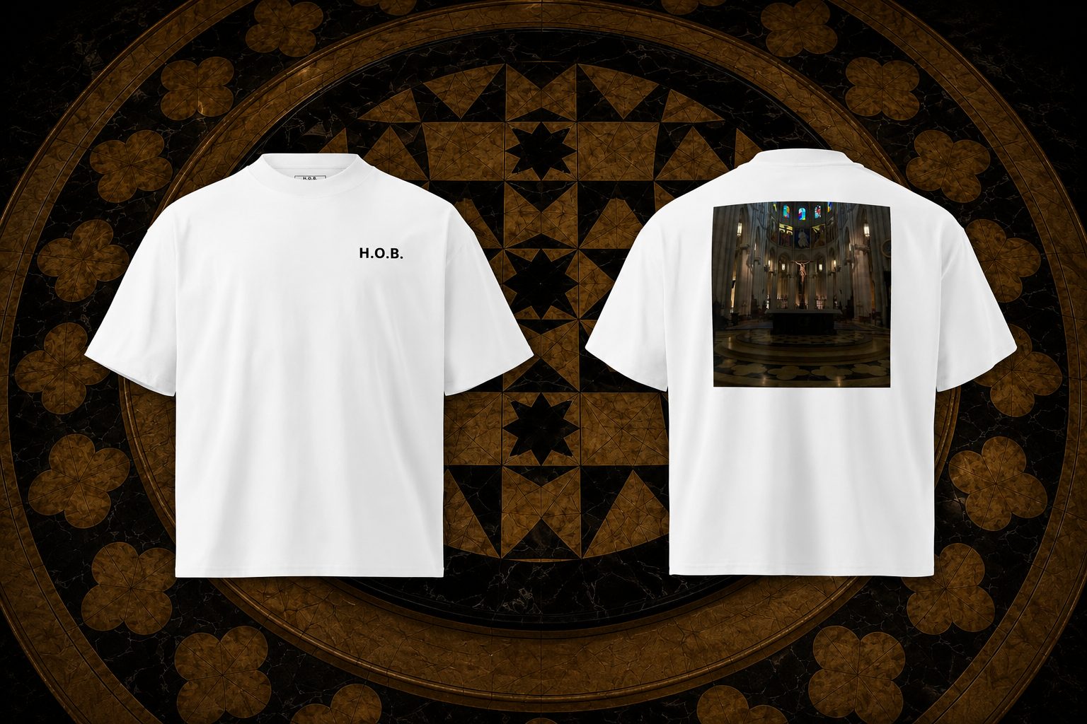 H.O.B Madrid tee in 3 colorways — front and back mockup
