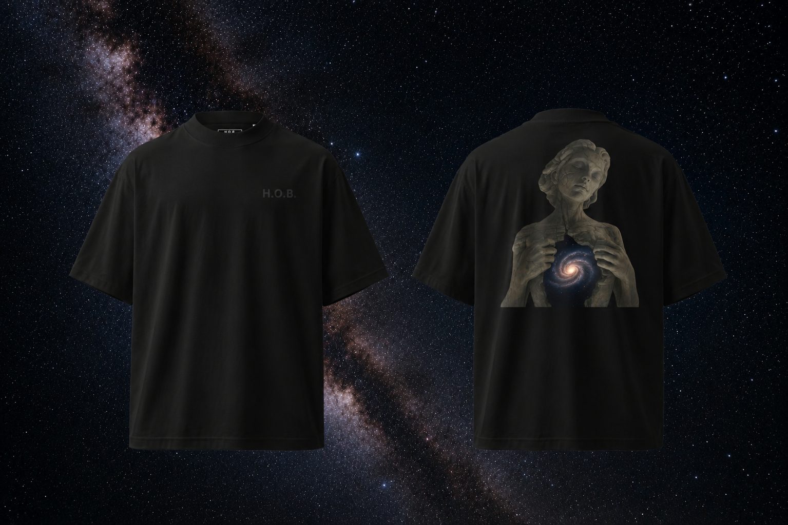 H.O.B Manifest tee in black — front and back mockup