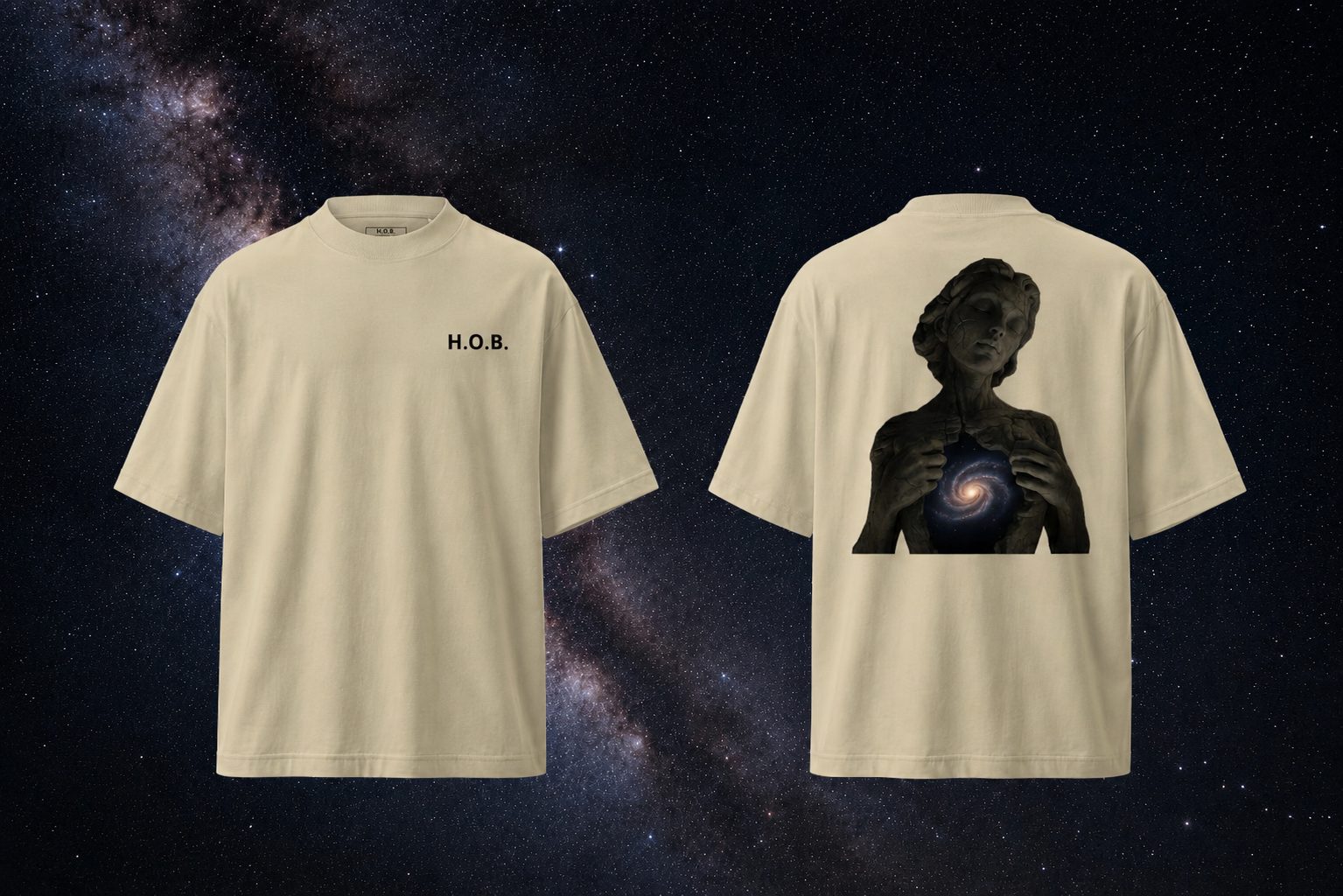 H.O.B Manifest tee in sand — statue opening to a galaxy back print