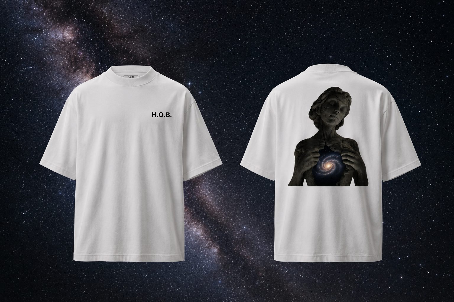 H.O.B Manifest tee in 2 colorways — front and back mockup