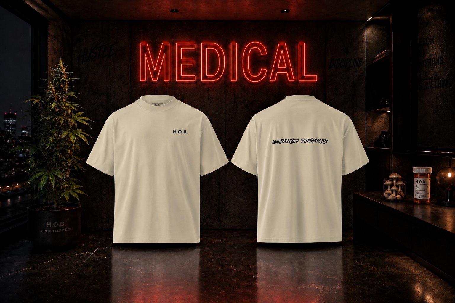 H.O.B Unlicensed Pharmacist tee in 2 colorways — front and back mockup