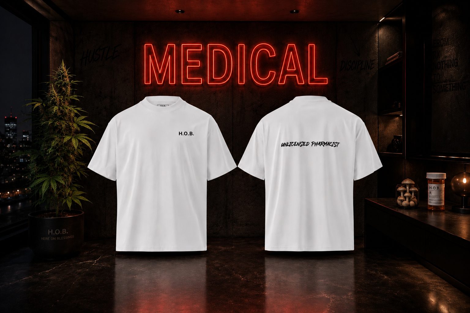 H.O.B Unlicensed Pharmacist tee in white — front and back mockup
